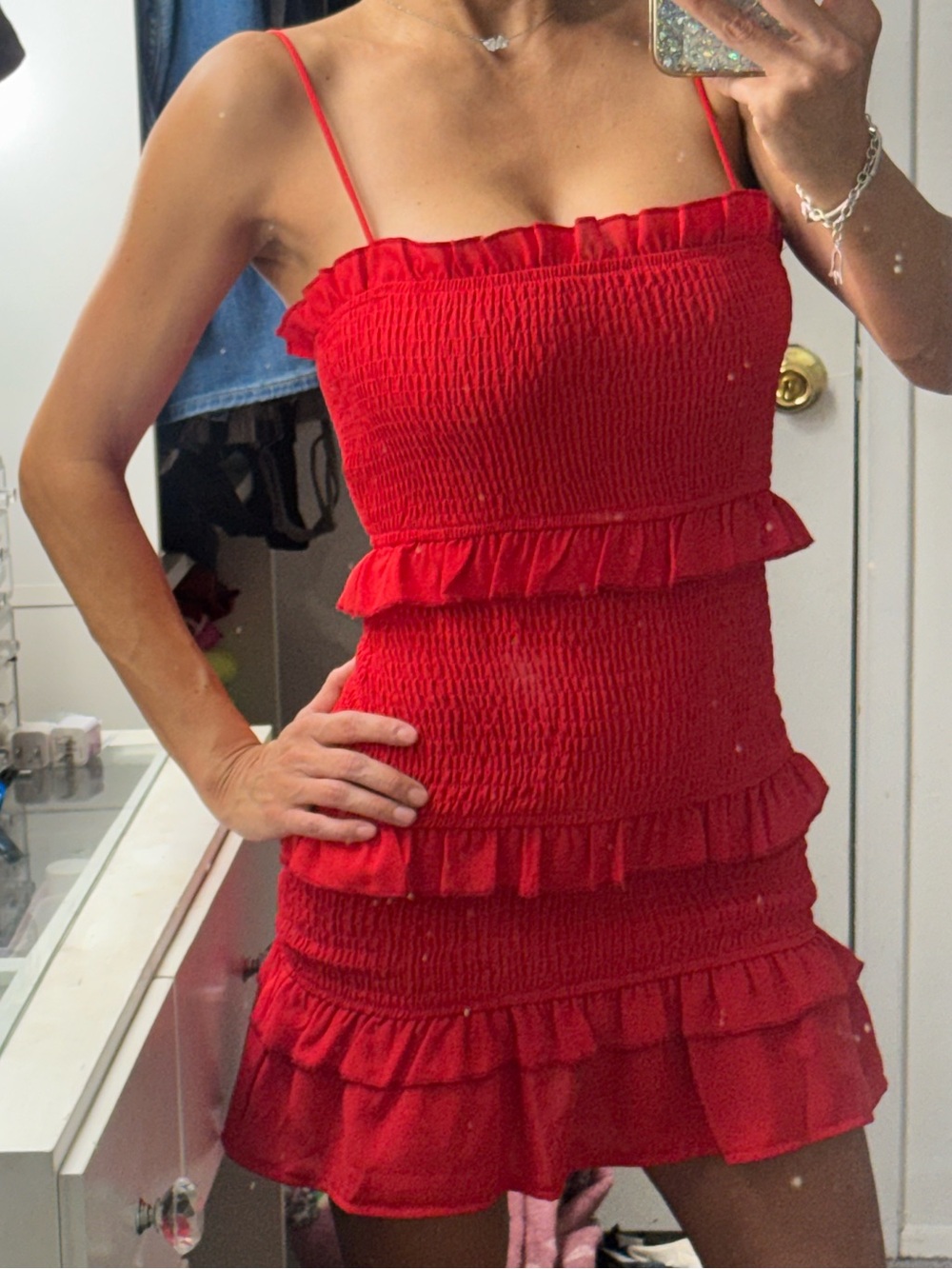 Hello Molly Red Smocked Ruffle Mini Dress